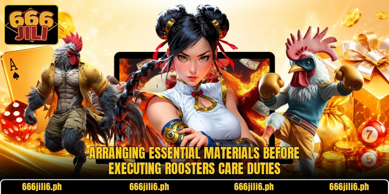 Arranging essential materials before executing roosters care duties Arranging essential materials before executing roosters care duties